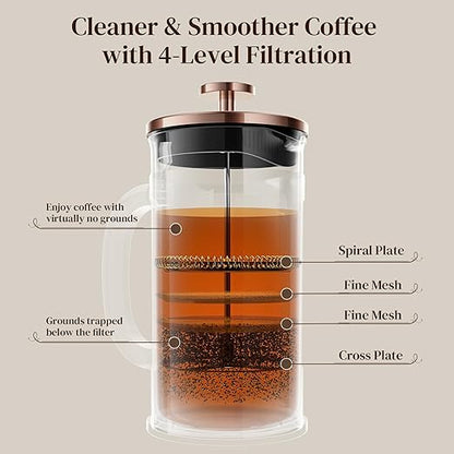 Veken French Press Coffee Maker 21oz 0.6 L, Single Serve Small Pot, Heat Resistant Thickened Borosilicate Glass, Stainless Steel Brewer, Cold Brew Cafetera Teapot for Kitchen Travel Camping, Copper - Image 5