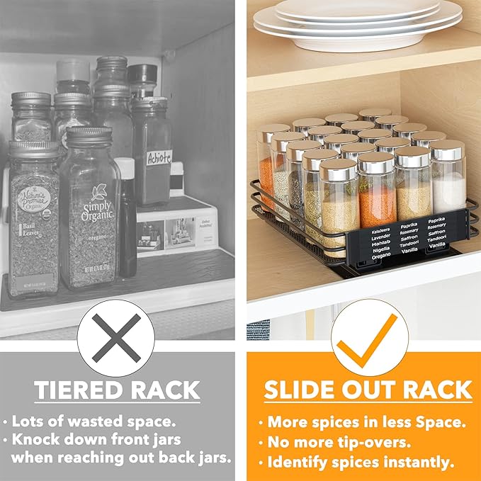 SpaceAid Pull Out Spice Rack Organizer for Cabinet, Heavy Duty Slide Out Seasoning Kitchen Organizer, Cabinet Organizer, with Labels and Chalk Marker, 8.5" W x10.75 D x2.5 H, 1 Drawer 1-Tier - Image 3