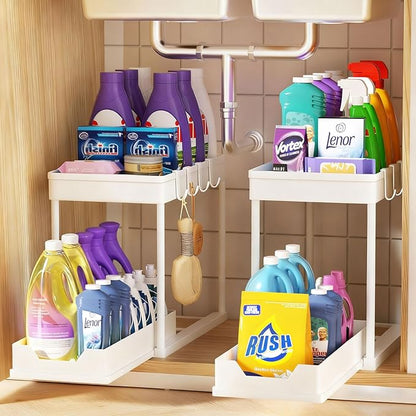 Under Sink Organizers and Storage 2 Pack, Pull-Out Sliding Cabinet Organizer with 2-Tier Storage Shelf & 4 Hooks, Multi-Purpose for Kitchen & Bathroom (13 Inch, White) by Unknown