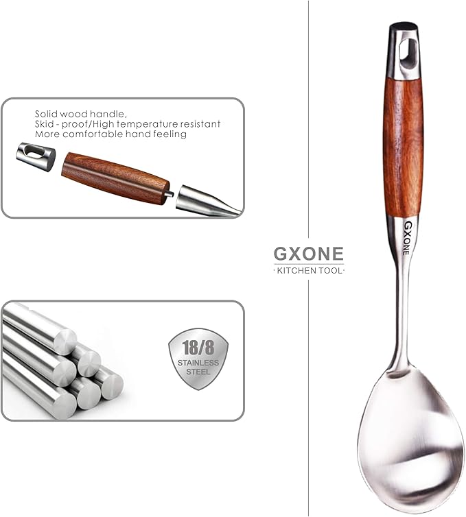 Large Serving Spoons,304 Stainless Steel Cooking Spoon with Heat Resistant Wooden Handle,Silver/12.4Inch - Image 3
