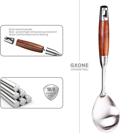 Large Serving Spoons,304 Stainless Steel Cooking Spoon with Heat Resistant Wooden Handle,Silver/12.4Inch - Image 3