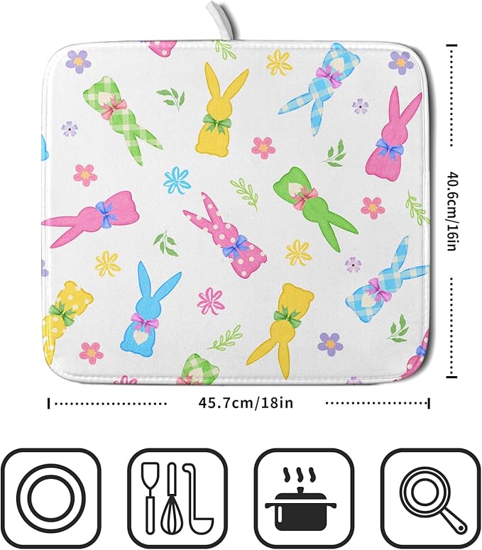Easter Dish Drying Mat for Kitchen Counter Cute Bunny Floral Holiday Microfiber Absorbent Dish Draining Reusable Washable Foldable 16"x18" - Image 2