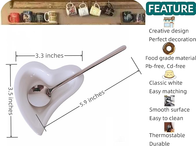 Coffee & Tea Spoon and Rest Set for Coffee Bar Accessories, Heart Cute Mini & Small Coffee Spoon Rest & Holder for Coffee Station & Bar, Teaspoon Rest & Holder (White Rest with Silver Spoon*2) - Image 5