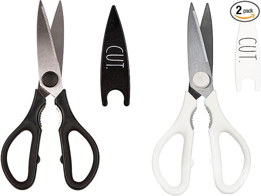 Rae Dunn Kitchen Scissors- Stainless Steel Kitchen Shears, Cooking Scissors for Cutting Meat, Chicken, Herbs and Produce with Blade Cover and Soft Grip Handles (Multi 2 Pack)