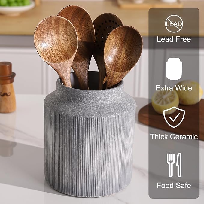 Farmhouse Ceramic Farmhouse Kitchen Utensil Holder for Countertop, Rustic Cooking Utensil Holder Crock Fit for Kitchen Counter.Grey 6.1 x 6.1 x 7 IN - Image 3