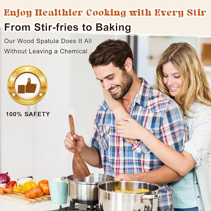 Wooden Spatula for Cooking, Acacia Wood Flat Frying Spatulas, Long Handle Spatula Turner for Non Stick Pans, Non-Scratch, Wooden Kitchen Utensils for Cooking, Frying, Baking - Image 7