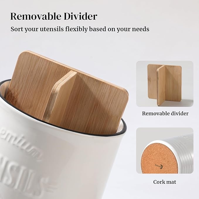 DOWAN 3 Compartment Kitchen Utensil Holder, 7.2″ Extra-Large Ceramic Stable Utensil Caddy, Rustic Cooking Utensil Crock for Farmhouse Kitchen Décor, Utensil Holder for Countertop - Image 2