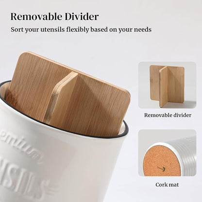 DOWAN 3 Compartment Kitchen Utensil Holder, 7.2″ Extra-Large Ceramic Stable Utensil Caddy, Rustic Cooking Utensil Crock for Farmhouse Kitchen Décor, Utensil Holder for Countertop - Image 2
