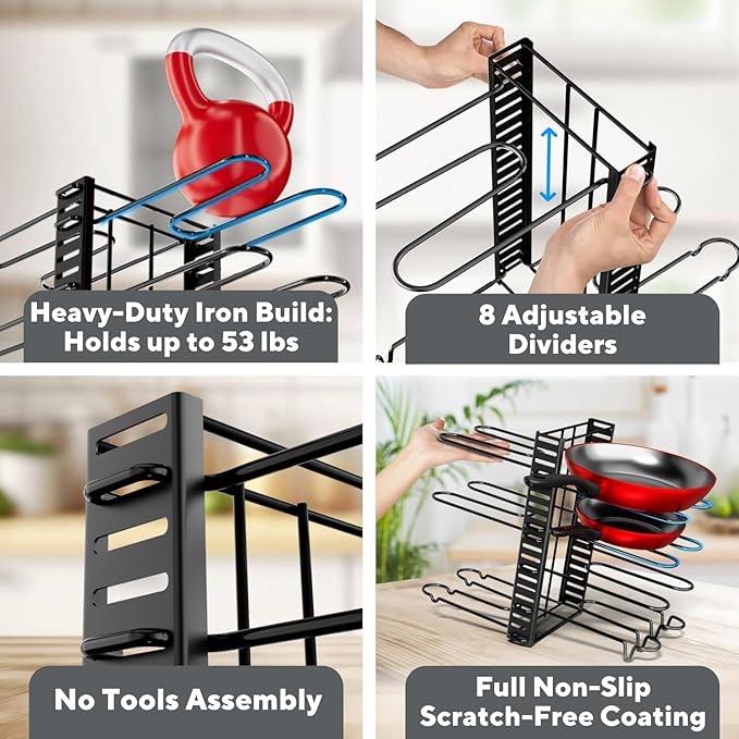 Pots and Pans Organizer Under Cabinet - 8-Tier Adjustable Pan Organizer Rack for Cabinet - Heavy-Duty Pot & Pan Organizer - Perfect to Store Pots, Pans, Lids - Easy Kitchen Organization and Storage - Image 5