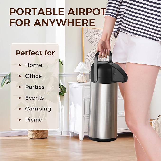 Coffee Carafe for Keeping Hot - Gezoss 102OZ / 3L Airpot Coffee Dispenser with Pump - Large Coffee Carafe for Hot Drinks Tea Liquid - Insulated Stainless Steel Hot Water Beverage Urn for Parties - Image 7