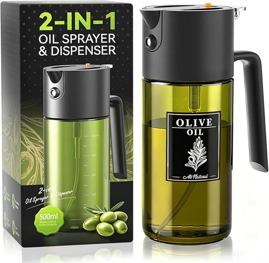 2-IN-1 500ml/17oz Light-Blocking Dark Oil Sprayer for Cooking with Sticker, Dark Green Glass Olive Oil Dispenser Bottle for Kitchen, Even Spray with Portion Control, Perfect for Air Fryer, BBQ - Black