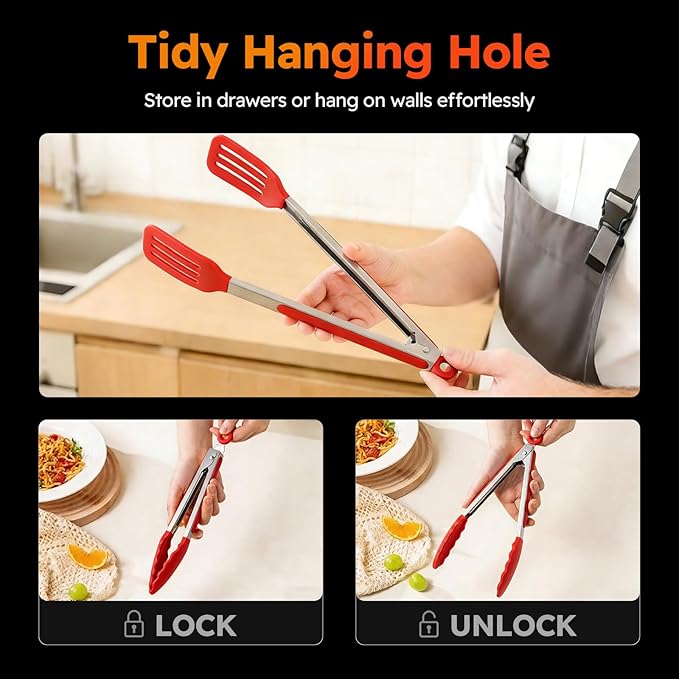 HST Tongs for Cooking with Silicone Tips(3 Pack), Non Stick Kitchen Tongs with Silicone Tip for Cooking BBQ Baking (12", Red) - Image 4