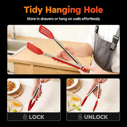 HST Tongs for Cooking with Silicone Tips(3 Pack), Non Stick Kitchen Tongs with Silicone Tip for Cooking BBQ Baking (12", Red) - Image 4