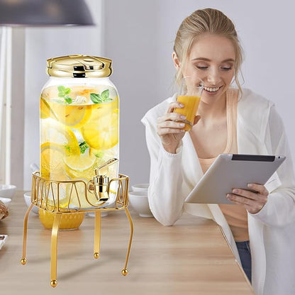 Tanlade 2 Pcs Plastic Drink Dispenser with Stand Beverage Dispenser with Sturdy Metal Base Juice Jar for Parties Lemonade Jar Spigot for Weddings Countertop Water, Each 1 Gallon (Gold)