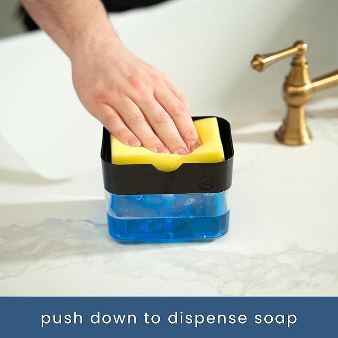 S&T INC. Dish Soap Dispenser and Sponge Holder for Kitchen Sink with Enhanced Features, Sponge Included, 13 Ounces, Matte Black - Image 2