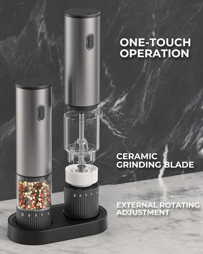 Electric Salt and Pepper Grinder Set, USB Rechargeable Salt and Pepper Shaker with LED Light, Stainless Steel Adjustable Automatic Pepper Mill for Kitchen, Dining