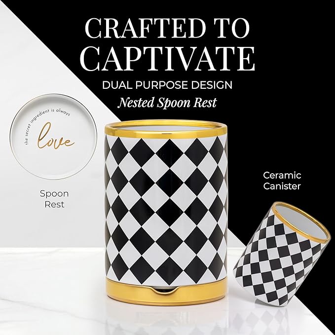STYLED SETTINGS Black & White Checkered Utensil Holder Set – Large Ceramic Kitchen Utensil Holder for Countertop with Gold Spoon Rest – Stylish Checkered Kitchen Decor & Organizer - Image 2