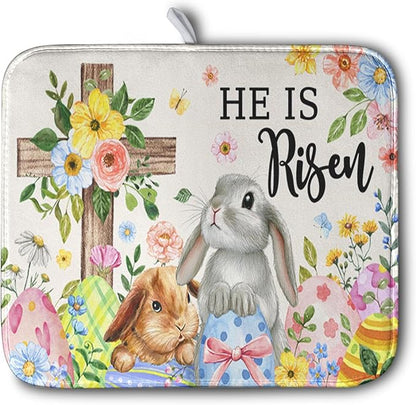 He is Risen Easter Dish Drying Mat for Kitchen Counter Bunny Floral Cross Dish Drainer Mats Spring Rabbit Flowers Egg Dish Drying Pads Absorbent Microfiber Reusable Dish Rack Mat 16x18 Inch by Kwlegh