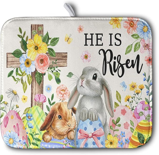 He is Risen Easter Dish Drying Mat for Kitchen Counter Bunny Floral Cross Dish Drainer Mats Spring Rabbit Flowers Egg Dish Drying Pads Absorbent Microfiber Reusable Dish Rack Mat 16x18 Inch by Kwlegh
