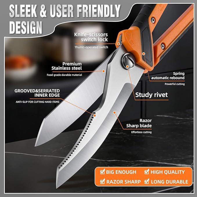 Chenovate® Heavy Duty Kitchen Scissors,Kitchen Shears with Knife & Scissor Switch Lock,Food Scissors Fit for Poultry Bones,Turkey,Meat Cutting,Veggies,Fish,Pizza(black)