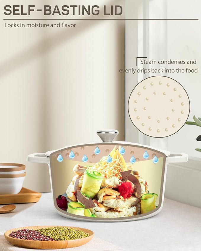 Ciwete 6 QT Dutch Oven Pot with Lid, Enameled Cast Iron Dutch Oven for Bread Making, Braiser, Cooking, Dual Handles, Oven Safe up to 500° F or on Stovetop, Gifts for Family - Off White