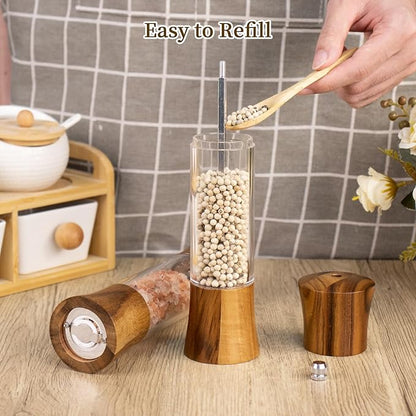 XWXO Acacia Wood Premium Acrylic Salt and Pepper Grinder Set 8 Inches Salt and Pepper Mill Set, Manual Mills- Wooden Shakers with Adjustable Ceramic Core 2 Pack for Kitchen Home Gift - Image 7