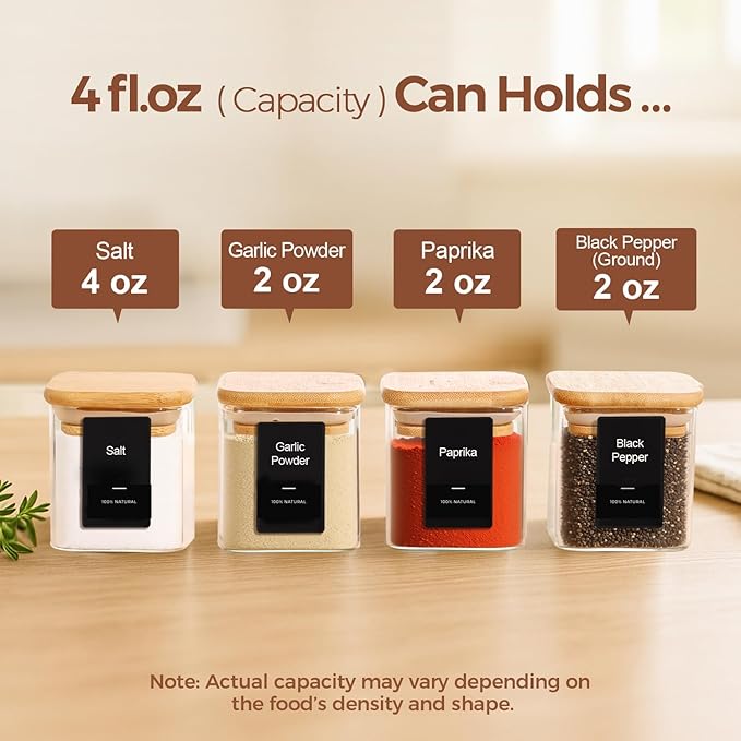 ComSaf 12Pcs Spice Jars with Labels, Glass Jar with Bamboo Lid, 4oz Airtight Square Spice Containers with Black Lables, Empty Seasoning Jars for Spice, Salt, Pepper, Sugar - Image 3