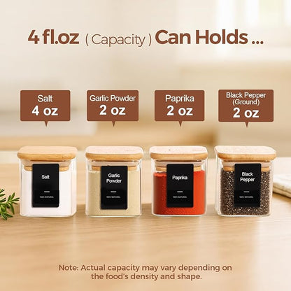 ComSaf 12Pcs Spice Jars with Labels, Glass Jar with Bamboo Lid, 4oz Airtight Square Spice Containers with Black Lables, Empty Seasoning Jars for Spice, Salt, Pepper, Sugar - Image 3
