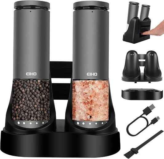 EIHO Electric Salt and Pepper Grinder Set USB Rechargeable, Upgraded External Adjustable Coarseness, Aluminum Alloy Automatic Salt and Pepper Shakers Mills with LED Light, House Warming Cooking Gifts by EIHO
