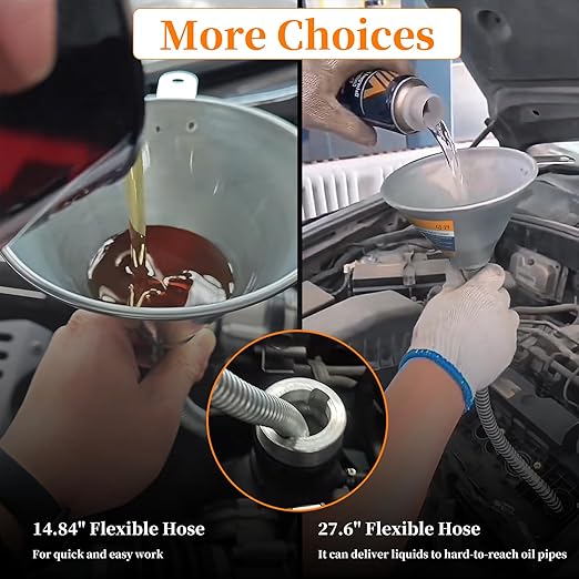 3Pcs 14.84" & 27.56" Steel Bendable Spout Funnel with Filter & Long/Short Hoses for All Automotive Oils, Flexible Long Funnels for Automotive Use for Transmission Fluid, Diesel Fuel, and Other Liquids - Image 7