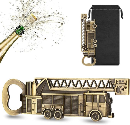 Fire Truck Bottle Opener – Firefighter Gifts for Men, Dad, Grandpa – Bronze Fire Truckt-Shaped Bar Accessory with Gift Bag – Perfect for Birthday Fathers Day Christmas BBQ Camping