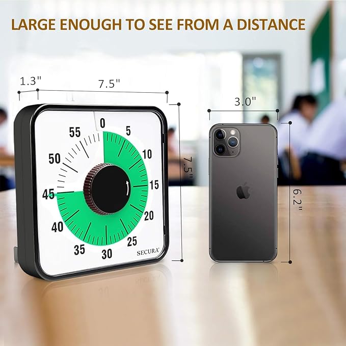 Secura 60-Minute Visual Countdown Timer, 7.5-Inch Oversize Classroom Visual Timer for Kids and Adults, Durable Mechanical Kitchen Timer Clock with Magnetic Backing (Green) - Image 4