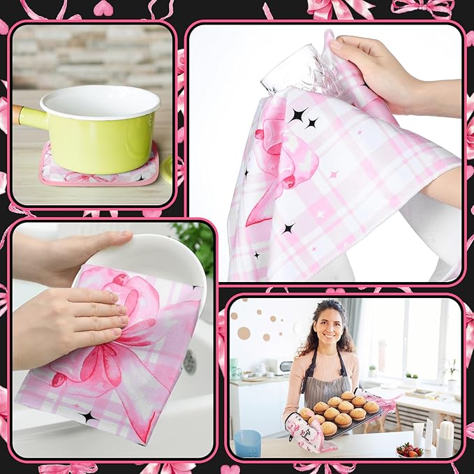 Fourluoo 10 Pcs Bow Kitchen Dish Towels Rugs Oven Mitts and Pot Holders Set Farmhouse Kitchen Decor Set for Women Mom Daughter Gift Cooking Baking Grilling(Black, Pink)