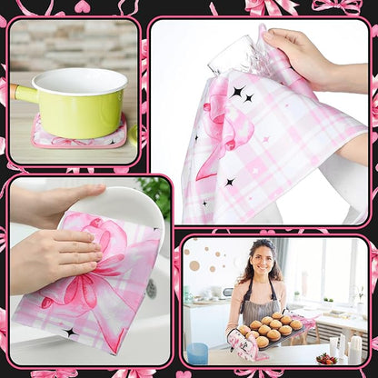 Fourluoo 10 Pcs Bow Kitchen Dish Towels Rugs Oven Mitts and Pot Holders Set Farmhouse Kitchen Decor Set for Women Mom Daughter Gift Cooking Baking Grilling(Black, Pink)
