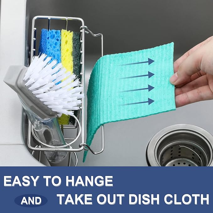 3-In-1 Sponge Holder for Kitchen Sink with Suction Cups & Adhesive Hook , In-sink Sponge Holder, Wall Hanging Sink Caddy Organizer Rack - Sponge, Dish Cloth, Brush, Scrubber - 304 Stainless Steel - Image 4