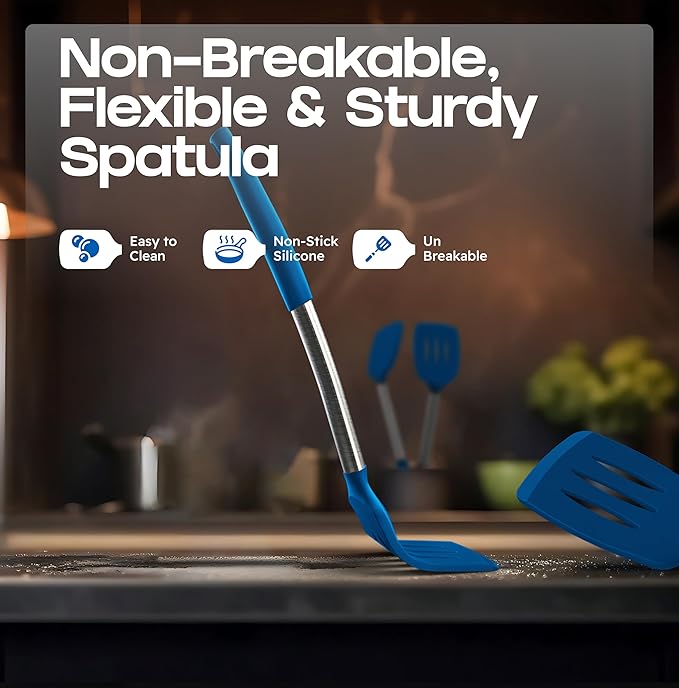 BakeRoyal Silicone Spatula Set - Turner Spatulas Silicone Heat Resistant 600°F - Slotted & Solid Spatula for Cooking Fish, Eggs, Pancakes Flipper – Spatulas for kitchen use – Royal Blue - Image 6