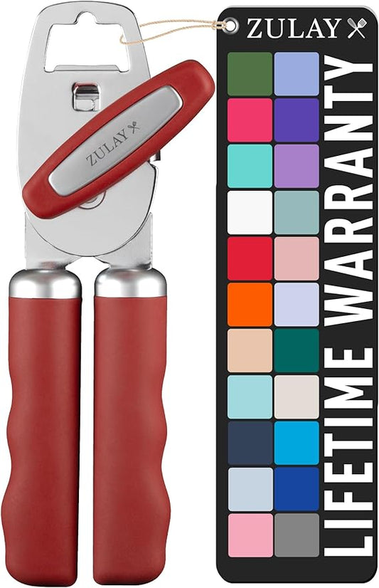 Zulay Kitchen Heavy Duty Stainless Steel Can Opener Manual with Bottle Opener - Rust Proof Manual Can Opener With Turn Knob & Comfy Soft Grip Handles - Red by ZulayKitchen
