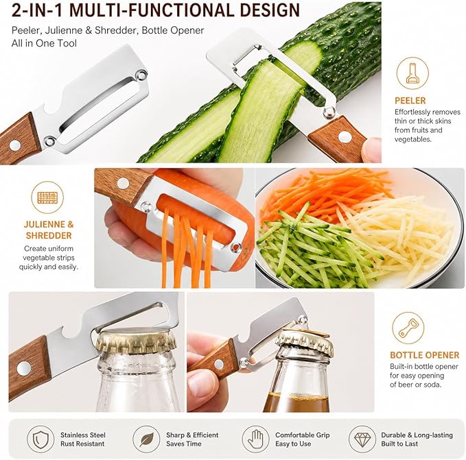 Peelers For Kitchen, Multifunctional Vegetable Peeler, with Wooden Handle and Bottle Opener, For Vegetables or Fruits that Need to Be Peeled - Image 3