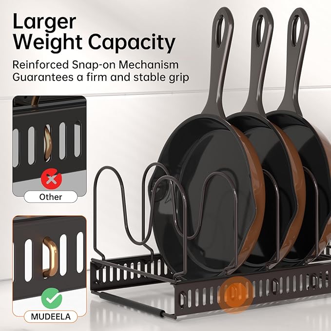 MUDEELA Pots and Pans Organizer Rack for under Cabinet, Expandable Pot Lid Kitchen Cabinet Organizer Holder with 10 Adjustable Compartment Cutting Board Organizer for Pan Lid Cookie Sheet Rack, Bronze - Image 3