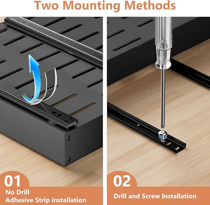 2 Pack Pull out Cabinet Organizer, Width (10"-15") Depth (11"-17"), with 3 Rails Adjustable Slide, Expandable Drawers for Cabinets, No Drill Adhesive Kitchen Drawers for Pantry Shelves black - Image 6