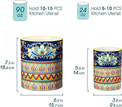 vancasso SIMI Utensil Holder, 7.3"+5.5" Porcelain Kitchen Utensil Holder for Countertop, Bohemian Kitchen Utensil Organizer for Spatulas, Spoons, Decorative Counter Utensil Crock, Celestial Harmony