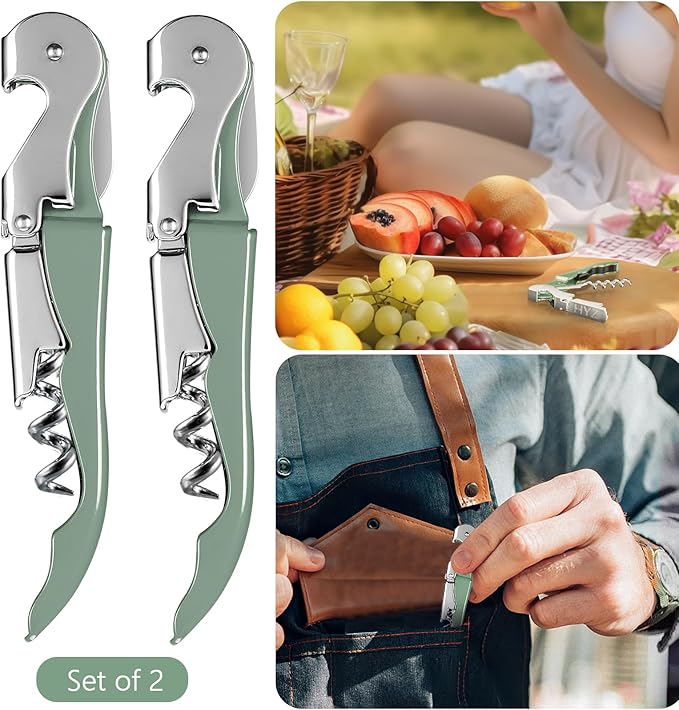 HYZ 2-Pack Wine Opener Waiter Corkscrew, Professional Wine Key for Servers, Bartender with Foil Cutter, Manual Wine Bottle Opener Double Hinged (Army Green) - Image 8