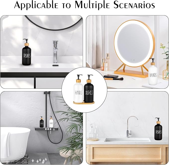 Arktek Glass Soap Dispenser Set with Tray, 2 Pack Hand and Dish Soap Dispenser Set for Bathroom and Kitchen Bottle Dispenser with Dish Soap, Hand Soap, Lotion 17 Oz (Black & White) - Image 7