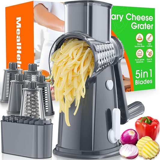 MealHelper 5 Blade Rotary Cheese Grater Hand Crank with Storage Box, Vegetable Chopper, Cheese Shredder for Cheeses, Veggies, Nuts - Easy to Use, Non-slip Suction Base, Gray by Unknown