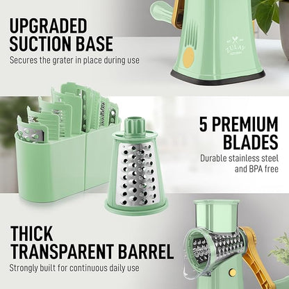 Zulay Kitchen Rotary Cheese Grater 5 Blade Cheese Shredder - Manual Hand Crank Cheese Grater With Reinforced Suction & 5 Interchangeable Drums - Easy to Use, Vegetable Chopper Round Mandoline Slicer - Image 7