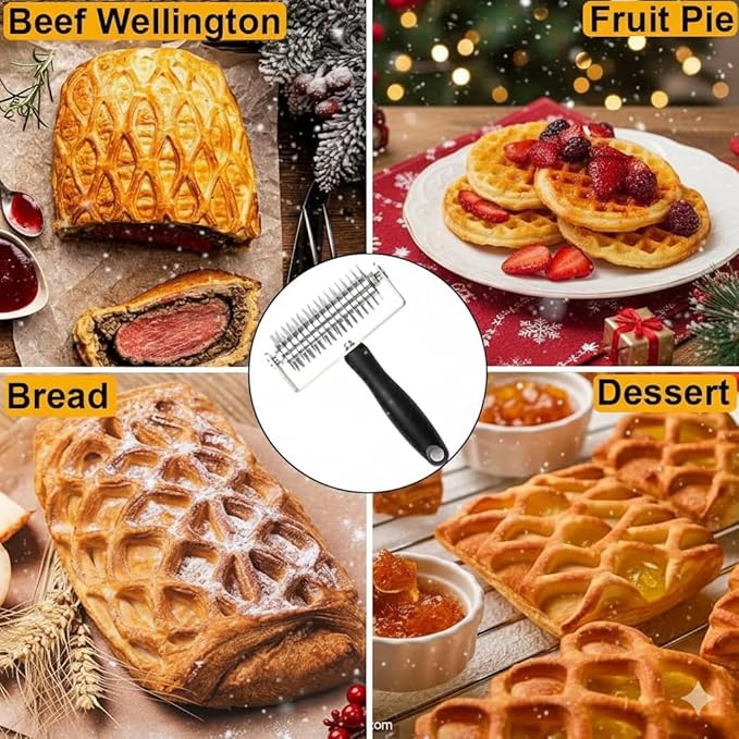 Pastry Lattice Roller Cutter, Stainless Steel Multi-Wheel Dough Cutter with Comfortable Grip Handle, Pie Crust Strip Cutters for Pastry, Pizza Dough, Bread & Beef Wellington
