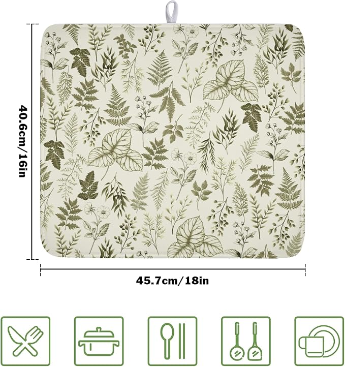 Vintage Botanical Floral Dish Drying Mat for Kitchen Counter Sage Green Herbs Fern Leaves Plant Microfiber Dish Drainer Mat Absorbent Washable Drying Pad 16"x18"