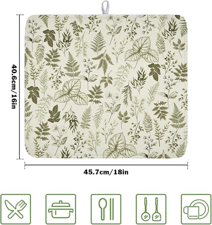 Vintage Botanical Floral Dish Drying Mat for Kitchen Counter Sage Green Herbs Fern Leaves Plant Microfiber Dish Drainer Mat Absorbent Washable Drying Pad 16"x18"