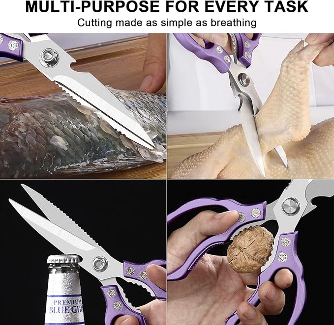 CGBE Kitchen Scissors All Purpose Heavy Duty, Ultra Sharp Stainless Steel Kitchen Shears Dishwasher Safe, Cooking Shears for Chicken, Poultry, Fish, Meat, Herbs & Grapes with Non-Slip Grips - Purple - Image 3
