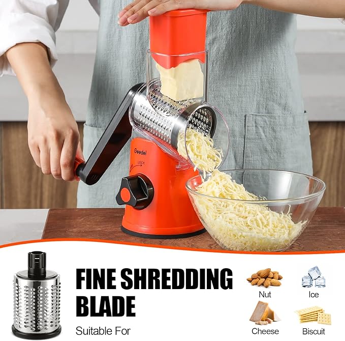 Geedel Rotary Cheese Grater, Kitchen Mandoline Vegetable Slicer with 3 Interchangeable Blades, Easy to Clean Rotary Grater Slicer for Fruit, Vegetables, Nuts - Image 5